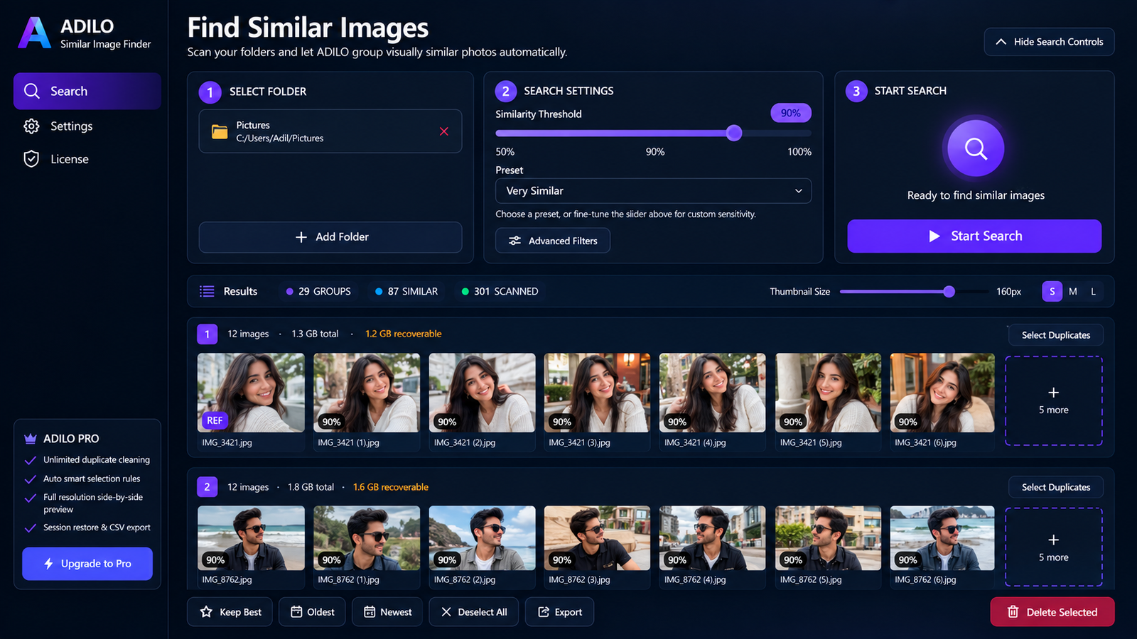 Adilo duplicate photo finder interface comparing similar photos side-by-side on Windows 11